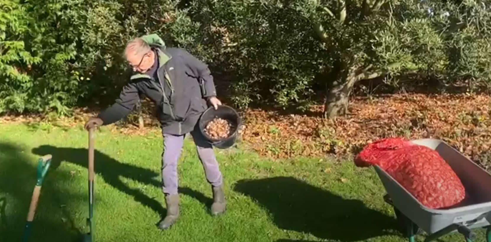 Ken planting autumn bulbs in grass.