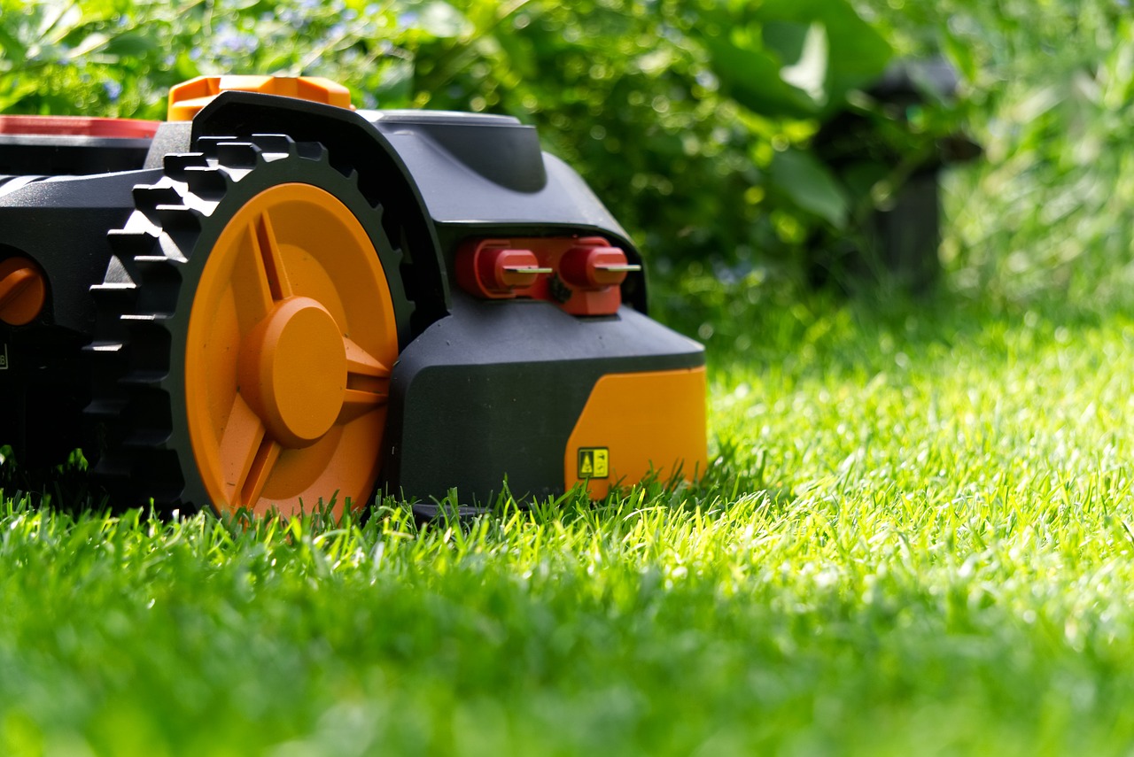 A robotic mower cutting grass.